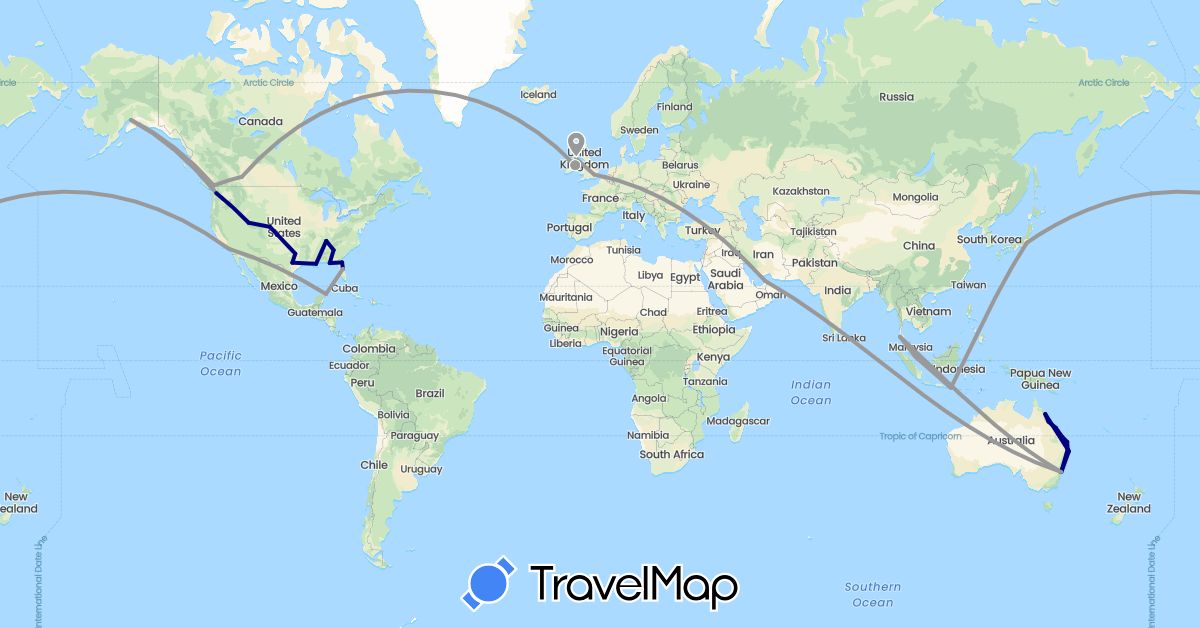 TravelMap itinerary: driving, plane in United Arab Emirates, Australia, Canada, United Kingdom, Indonesia, Ireland, Japan, Mexico, Singapore, Thailand, United States (Asia, Europe, North America, Oceania)